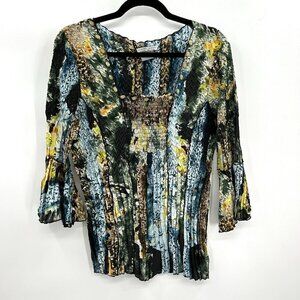 ALBERTO MAKALI Textured Blue Yellow Bell Sleeve Smocked Stretch Blouse Medium